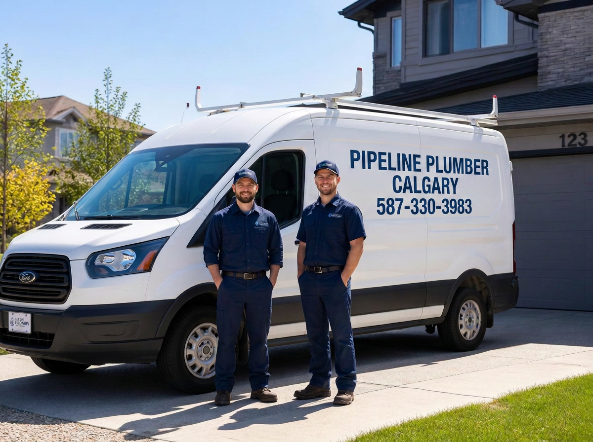 PipeLine Plumber Calgary service van and technicians at a Calgary home
